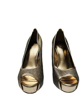 Guess Stiletto Heels Glitter Shimmer Gunmetal Silve Pewter Peep Toe Platform 8.5